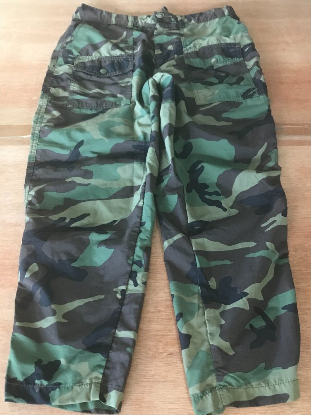 GU Woodland Camouflage Fatigue Pants Women M Green High Rise Pocket Tie Waist